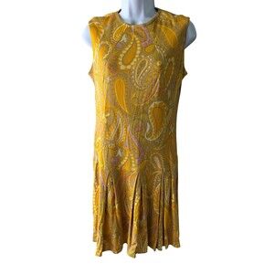 VTG 1960s Yellow Paisley Print Sheath Dress Small Mod Mad Men Hostess